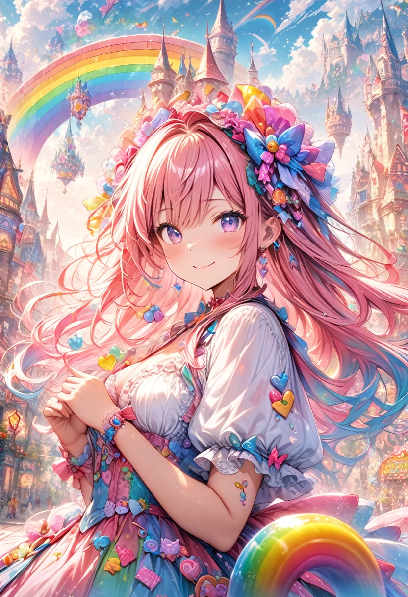 ((masterpiece, highest quality, Highest image quality, High resolution)), ((Extremely detailed CG unified 8k wallpaper)), Candyland, Candy Kingdom, Candy Castle, A fairy tale world, lined with houses of candy and a rainbow of juice fountains, Colorful, pop, fantasy, dreamy, Smile,