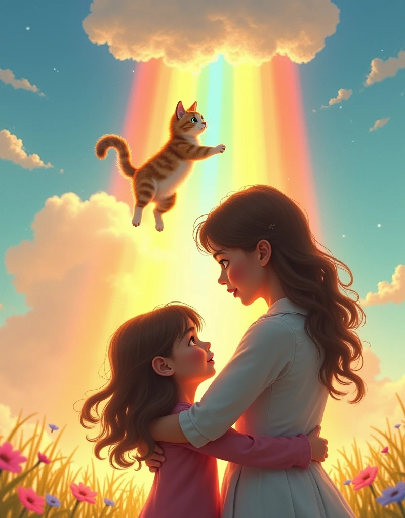 ((a girl cries in the foreground   ,  this girl is hugged by her mom   ))  они машут руками  в след своей to a kitty running across the rainbow into the clouds , touching picture , Pixar style, highest quality of detail , ( The cat looks back at them and runs up to the clouds through the rainbow ), sad and sweet picture ,  the girl's goodbye to her cat ,(( , a cat runs across the rainbow up to the clouds ))(to a kitty running across the rainbow into the clouds ),to a kitty running across the rainbow into the clouds 