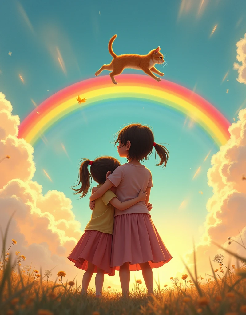 ((a girl cries in the foreground   ,  this girl is hugged by her mom   ))  они машут руками  в след своей to a kitty running across the rainbow into the clouds , touching picture , Pixar style, highest quality of detail , ( The cat looks back at them and runs up to the clouds through the rainbow ), sad and sweet picture ,  the girl's goodbye to her cat ,(( , a cat runs across the rainbow up to the clouds ))(to a kitty running across the rainbow into the clouds ),to a kitty running across the rainbow into the clouds 