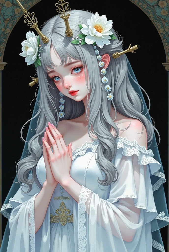 bride，    This style was inspired by the red tiger in Qingdao，   white wedding dress，  白色bride围巾  ， The head is decorated with white flowers    ， Silver Hair， Sapphire eyes ，Pale face，  sad expression   ，Lower your head，pray，Beautiful hands，gothic style，  gouache illustration  ，Church Background，masterpiece，HD