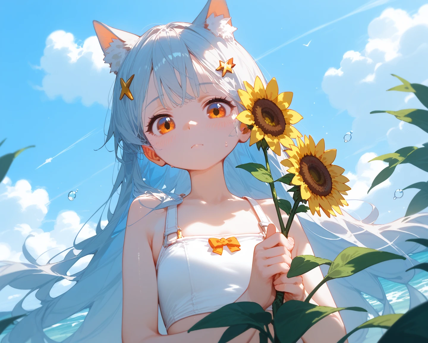 1 girl, Long hair,  with horse hair,  light blue hair ,  best quality ,  protagonist , cute, Young girl, , stick a star-shaped hairpin on the head,  yellow-orange eyes, bright, White swimsuit, shy, Cat ears, Holding a sunflower ,  below , sea