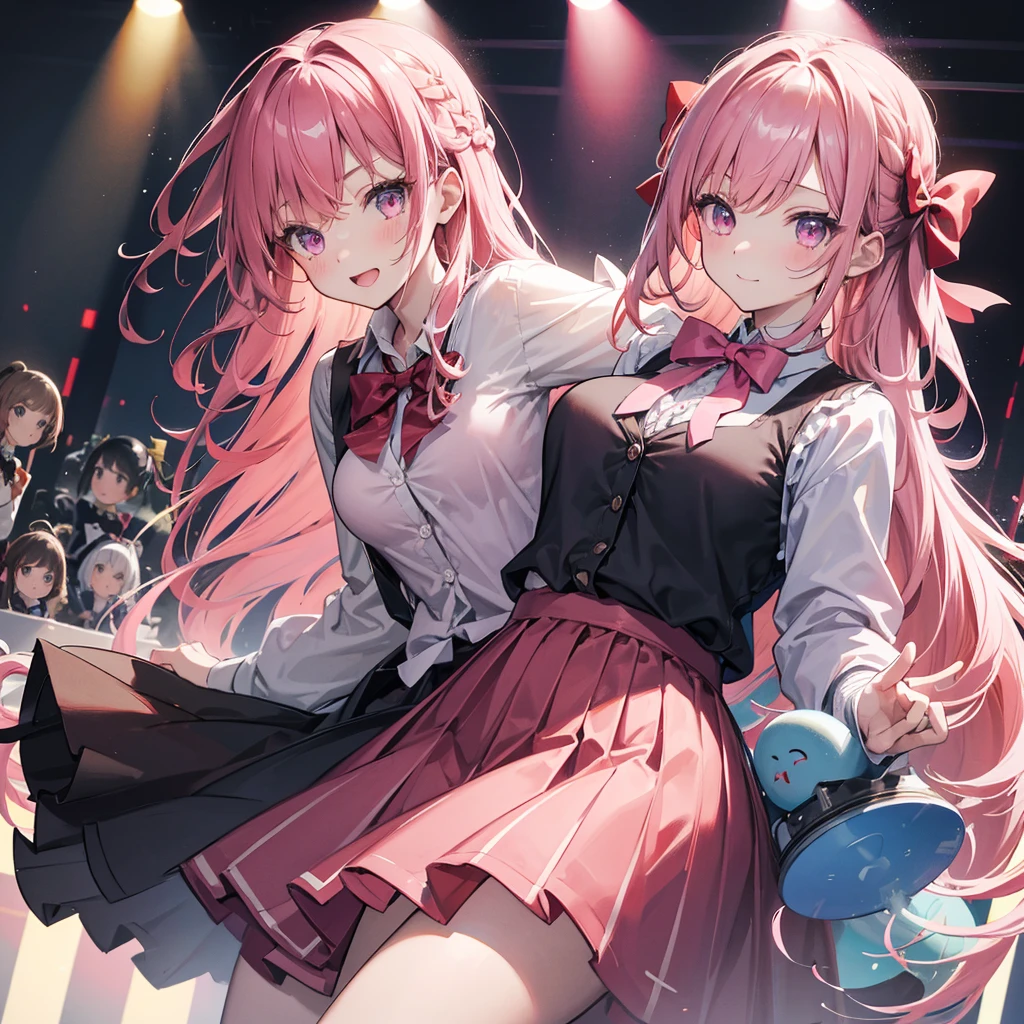 score_9, score_8_up, score_7_up, source_Anime, high resolution image , masterpiece, best quality, high definition, Beautiful Skin, shiny hair, (Four Girls:1.4), stage, stage lights, Spotlight, said, Big Breasts , Button Gap , ( good anatomy ), Four Girls, Long Hair, French braid, Dark red eyes, bred bow, colored shirt , frills, high waist skirt , Four Girls, Long Hair, blue eyes, black ribbon , red bow, diagonal-striped bow, beige cardigan vest, Short sleeveシャツ, check skirt, black knee high , Four Girls, Long Hair, gentle and beautiful smile , Pink Hair, purple eyes, Transverse Bang , hair scrunchy , red bow, diagonal-striped bow, pink cardigan vest , Short sleeveシャツ, check skirt, black knee high ,, Four Girls, Pink Hair, Long Hair, messy hair, Flower Hair Ornaments, Pink Eye, bow, blue colored shirt , Short sleeve, check skirt,naked,