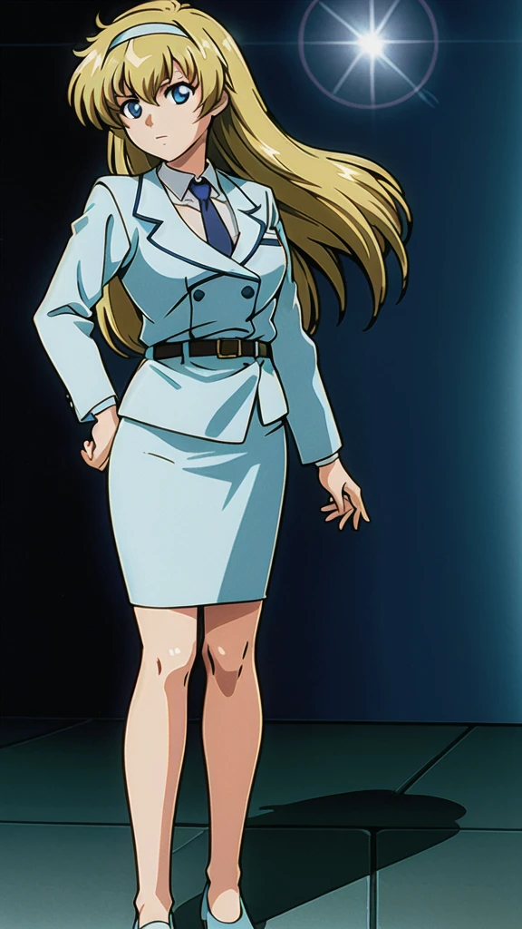 Blonde、Long Hair、bangs、 headband、悲しいface、 blue eyes、 Full Body Style 、Normal milk、 narrow waist 、Bare legs、In a suit、blue jacket 1 :1, collared shirt 、 white shirt、 blue tie,belt, Blue Mini Pencil Skirt 1:1, black tights、White pumps、 Official Art, Extremely High Definition CG Unity 8K Wallpaper, perfect lighting, colorful , bright _ Front_face_光ing,  shiny skin, ( masterpiece:1.0),(Highest_quality:1.0), 超 high definition ,4K, super detailed, photo shoot, 8k,  high definition ,  high definition ,  looking for something in an absurd :1.2,  Kodak Portra 400,  Film Grain,  blurry background, Bokeh:1.2,  Lens Flare, ( vibrant _ color:1.2),Professional photography,Anime Images