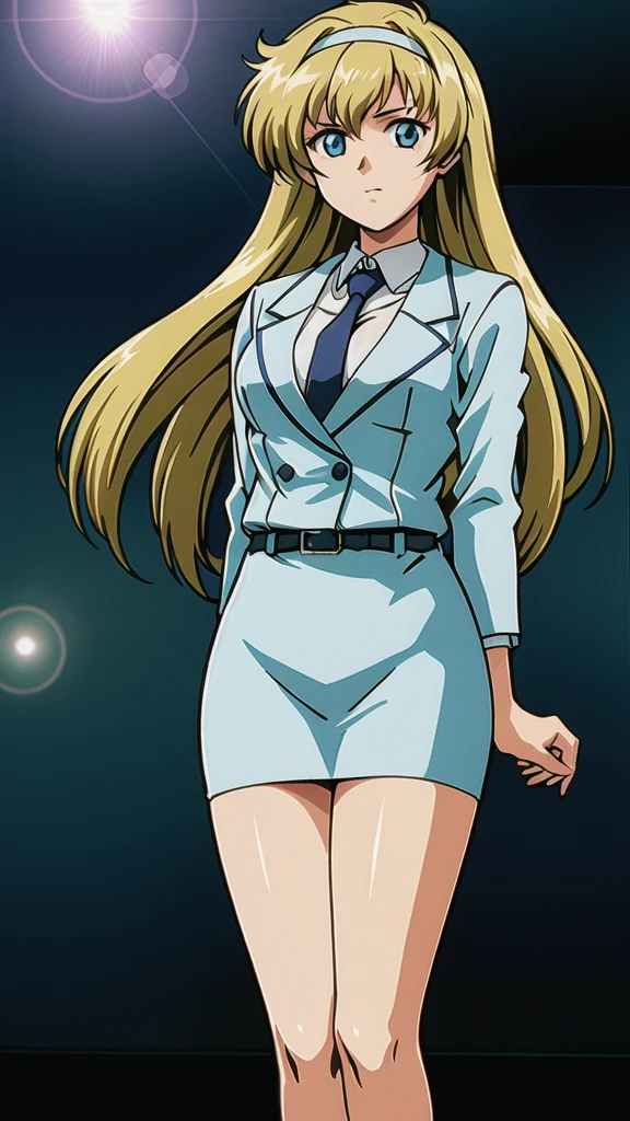 Blonde、Long Hair、bangs、 headband、悲しいface、 blue eyes、 Full Body Style 、Normal milk、 narrow waist 、Bare legs、In a suit、blue jacket 1 :1, collared shirt 、 white shirt、 blue tie,belt, Blue Mini Pencil Skirt 1:1, black tights、White pumps、 Official Art, Extremely High Definition CG Unity 8K Wallpaper, perfect lighting, colorful , bright _ Front_face_光ing,  shiny skin, ( masterpiece:1.0),(Highest_quality:1.0), 超 high definition ,4K, super detailed, photo shoot, 8k,  high definition ,  high definition ,  looking for something in an absurd :1.2,  Kodak Portra 400,  Film Grain,  blurry background, Bokeh:1.2,  Lens Flare, ( vibrant _ color:1.2),Professional photography,Anime Images