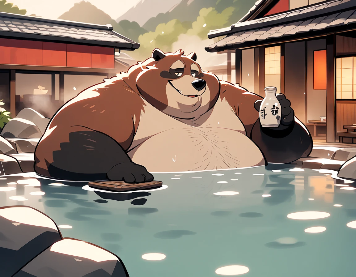  Big Fat Raccoon Man, Fat face、masterpiece,  best quality , Very Beautiful 、hot spring、 beautiful splashes 、Japanese Sake 、Drinking alcohol