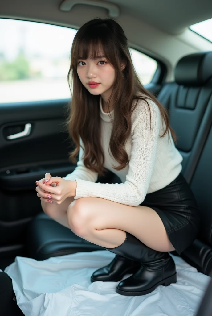 (masterpiece,top-quality,超A high resolution),A Japanese Lady, Very beautiful 12 year old girl, Kawaii Girl、View photographer、(lipgloss)、(Perfect limbs、perfect anatomia),(((beautiful hairl、Bob Hair)))、((a miniskirt)),Look at viewers、front-facing view、Absolute area(1.3),kawaii、Pure white、Beautiful skin、Moist eyes、Brown glittery hair、Colors and landscapes of youth、Premonition of love、Warm smile、二重まぶた(((passenger seat))),(Black pantyhose),Shoes with thick soles