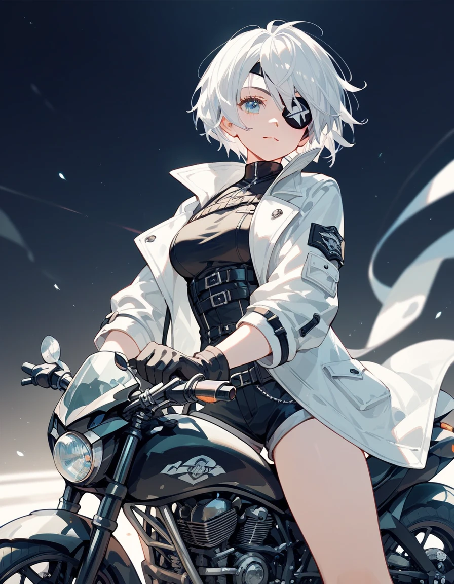  ,White hair,Short hair, in blue eyes, eyes patch, White coat, medium breasts,cool, With Black Shorts ,Black shirt with black sleeves , shorts, wear gloves,Drive a big, all-black motorcycle,Cute girl