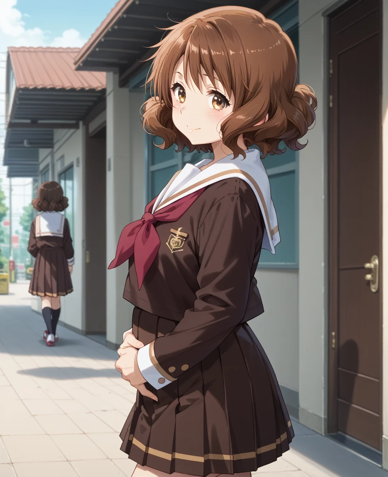  one girl with brown hair sticking forward 、kumiko oumae (kumiko oumae, brown eyes, brown hair, short hair, wavy hair,)(skirt, shirt, long sleeves, school uniform, pleated skirt,  serafuku, neckerchief, brown skirt, white sailor collar, brown shirt, kitauji high school uniform, red neckerchief,), head down, light smile, abdominal bulge, Walking on the sidewalk、hands on own belly, from side,looking back at viewer,