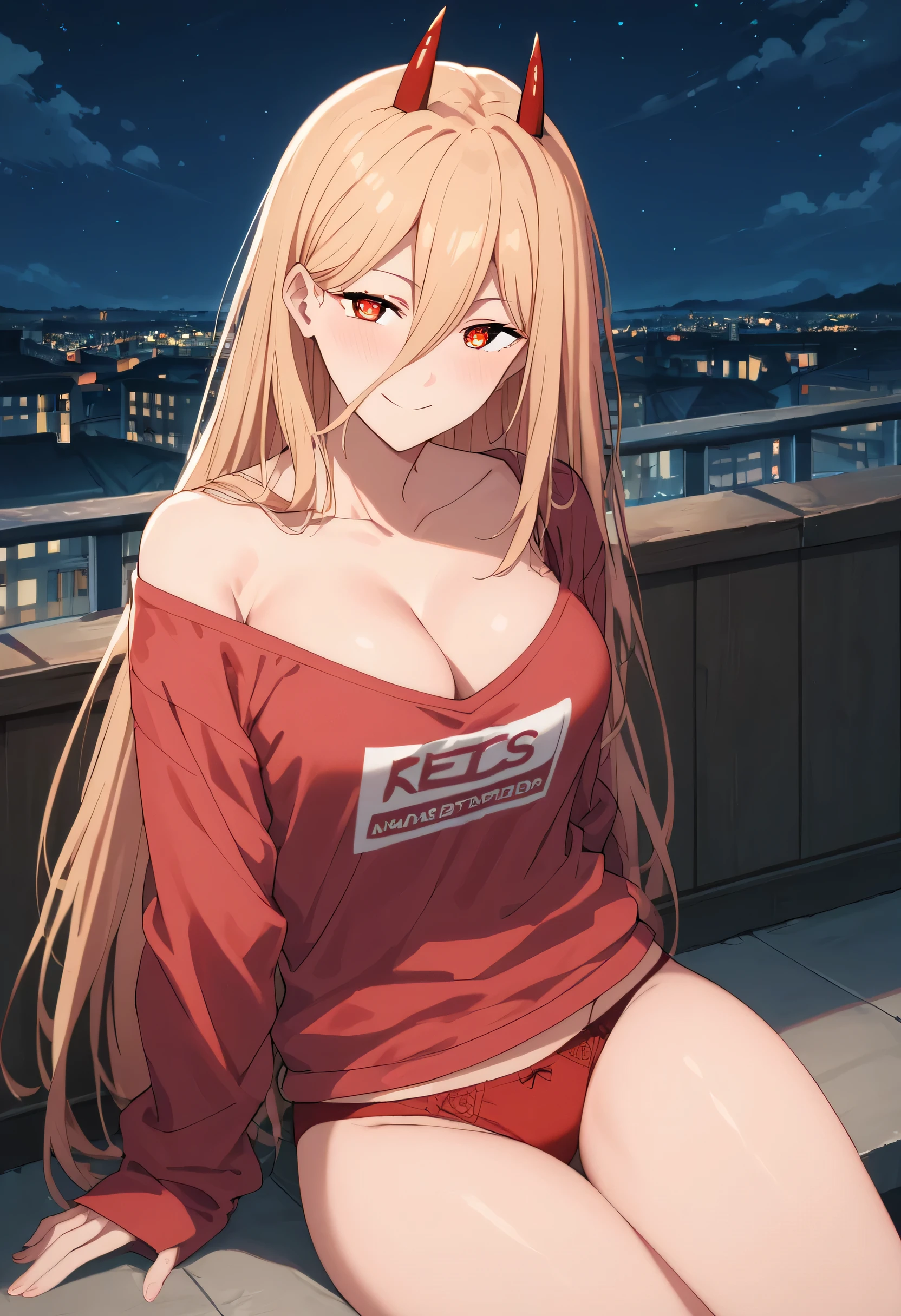 score_9, score_8_up, score_7_up, score_6_up, score_5_up, score_4_up, best quality, masterpiece, colorful, very aesthetic, anime, BREAK, blush, smile, seductive, night,1girl, p0w3r0x1, long hair, blonde hair, red horns, demon pupils, red sweatshirt, red panties, CLEAVAGE, medium breasts, looking at viewer, sitting