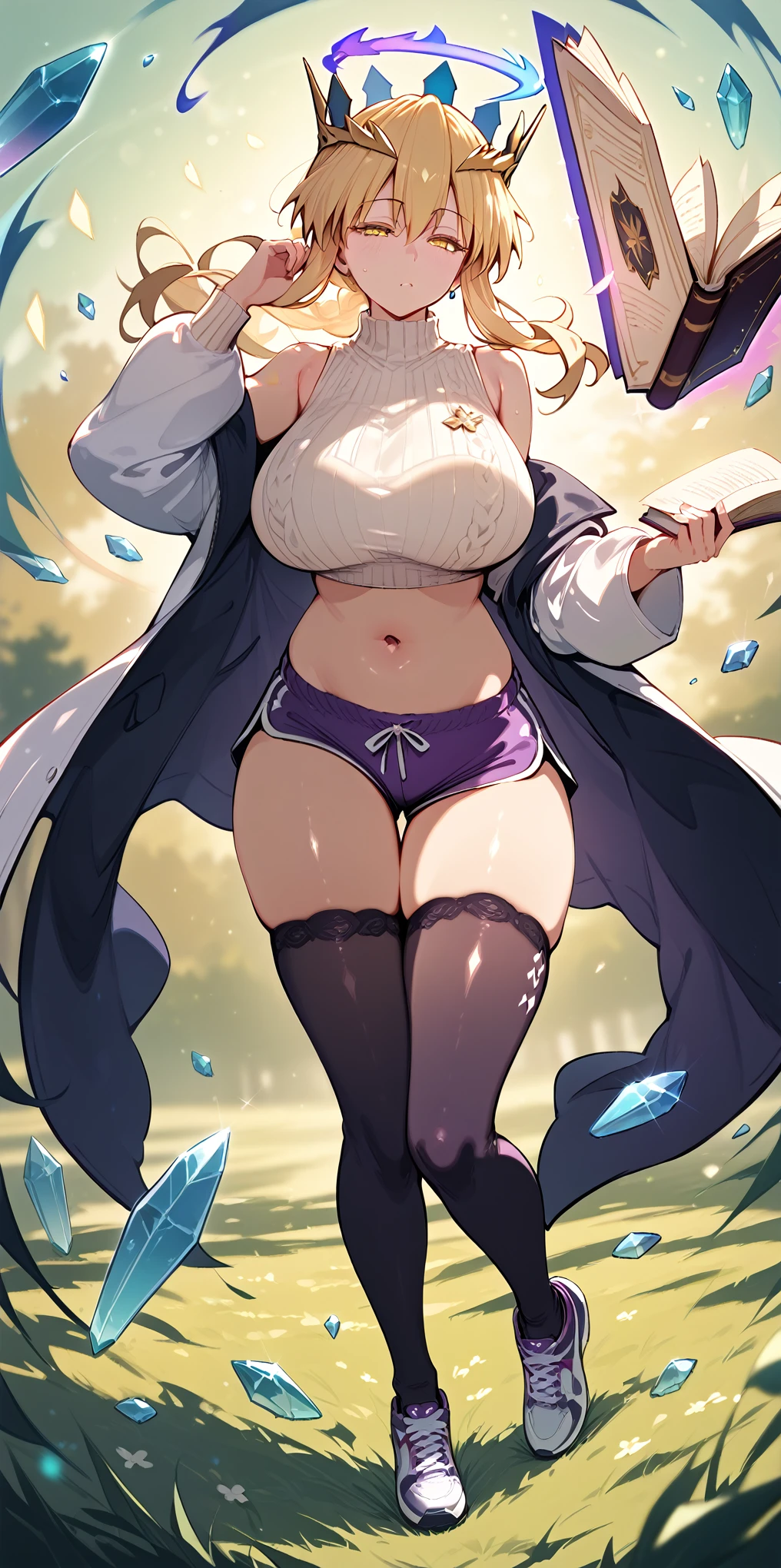 (asura style:0.7), score_9, score_8_up, score_7_up, score_6_up, uncensored, score_9, score_8_up, score_7_up, score_6_up, uncensored, (24yo girl:1.1), strong milf, Artoria Pendragon Lancer, long hair, blonde hair, yellow eyes, sidelocks, single hair bun, french braid, crown, BREAK detailed eyes, (perfect hands, perfect anatomy), detailed skin texture, (blush:0.5), (goosebumps:0.5), subsurface scattering, cinematic, Sharp focus, humorous illustration, big depth of field, Masterpiece, concept art, trending on artstation, Vivid colors, Simplified style, trending on ArtStation, trending on CGSociety, Intricate, Vibrant colors, Soft Shading, Simplistic Features, Sharp Angles, Playful, excessive sweating, sweating profusely, sweating drop BREAK,  huge breasts, shoes, dolphin shorts, sneakers, purple shorts, short shorts, coat, open coat, midriff peek, thighs, turtleneck, long coat, white coat, sweater, long sleeves, white sweater, magic-realism, paper, book, gem, crystal, field, bokeh, aura, floating book, hollow eyes,