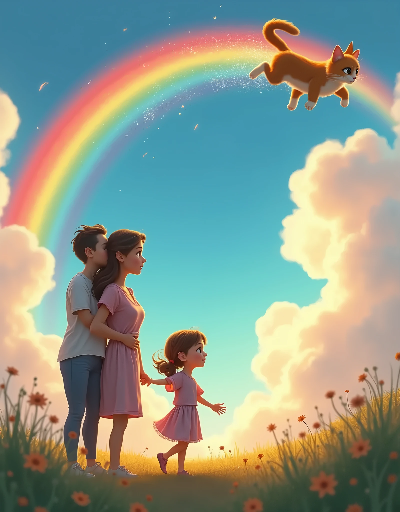 ((a girl cries in the foreground   ,  this girl is hugged by her mom   ))  они машут руками  в след своей to a kitty running across the rainbow into the clouds , touching picture , Pixar style, highest quality of detail , ( The cat looks back at them and runs up to the clouds through the rainbow ), sad and sweet picture ,  the girl's goodbye to her cat ,(( , a cat runs across the rainbow up to the clouds ))(to a kitty running across the rainbow into the clouds ),to a kitty running across the rainbow into the clouds 