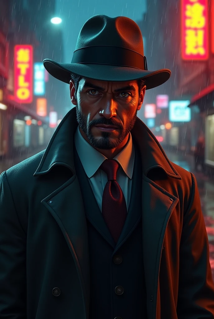 masterpiece,best quality,absurdres,depth of field,cinematic_angle,1Man,Hardboiled Novel Detective,middle age,dark brown hair with some grey,short-cut,brown eyes,a medium heavy build,holding a cigarette in his mouth,fedora,trench coat with turned-up collar,rain,city,night,realistic,