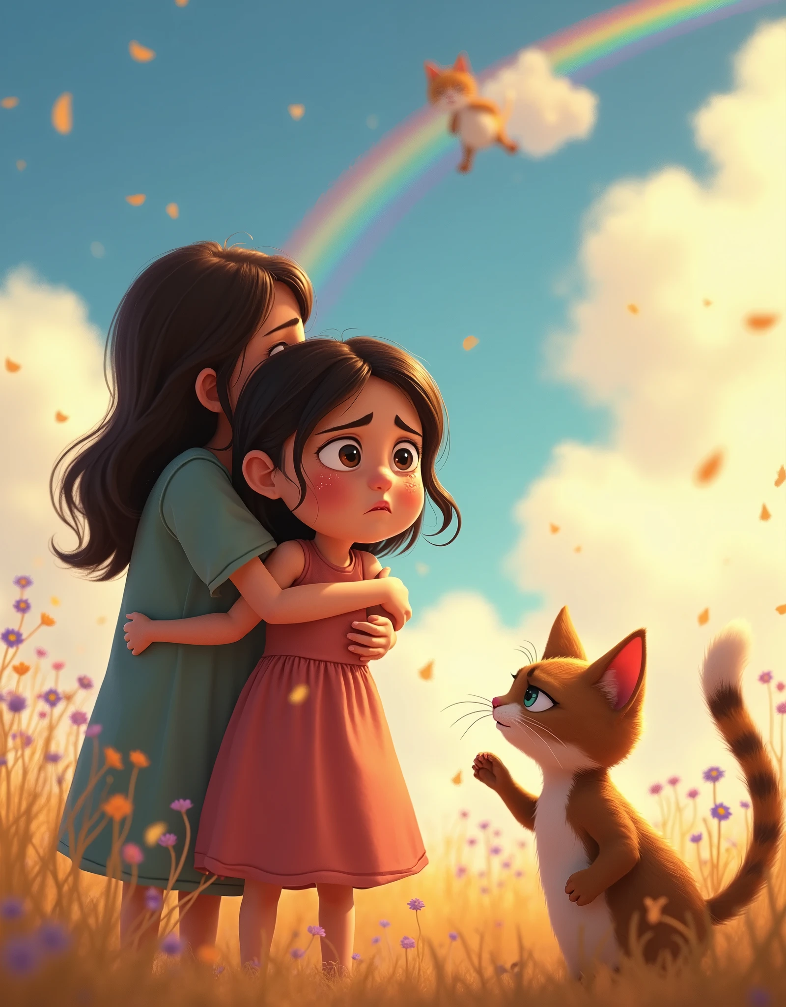 ((a girl cries in the foreground   ,  this girl is hugged by her mom   ))  они машут руками  в след своей to a kitty running across the rainbow into the clouds , touching picture , Pixar style, highest quality of detail , ( The cat looks back at them and runs up to the clouds through the rainbow ), sad and sweet picture ,  the girl's goodbye to her cat ,(( , a cat runs across the rainbow up to the clouds ))(to a kitty running across the rainbow into the clouds ),to a kitty running across the rainbow into the clouds 