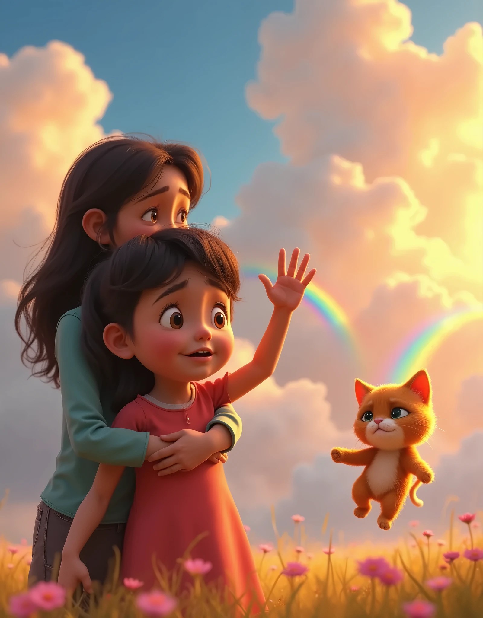 ((a girl cries in the foreground   ,  this girl is hugged by her mom   ))  они машут руками  в след своей to a kitty running across the rainbow into the clouds , touching picture , Pixar style, highest quality of detail , ( The cat looks back at them and runs up to the clouds through the rainbow ), sad and sweet picture ,  the girl's goodbye to her cat ,(( , a cat runs across the rainbow up to the clouds ))(to a kitty running across the rainbow into the clouds ),to a kitty running across the rainbow into the clouds 