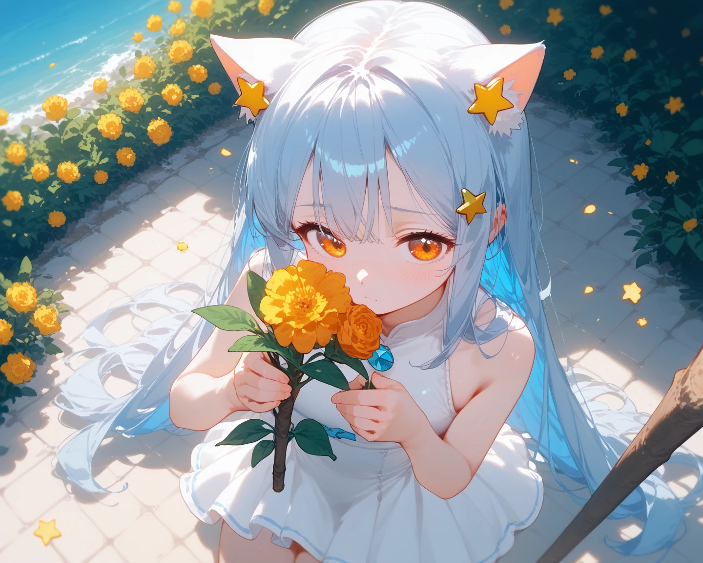 1 girl, Long hair,  with horse hair,  light blue hair ,  best quality ,  protagonist , cute, Young girl, , stick a star-shaped hairpin on the head,  yellow-orange eyes, bright, White swimsuit, shy, Cat ears, Holding flowers, High angle, port,sexy 