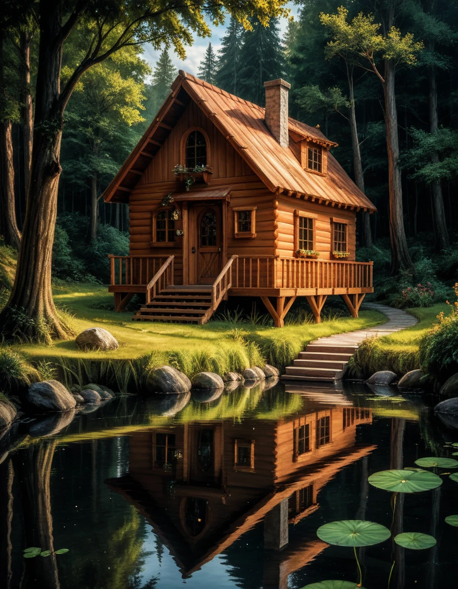 there is a boat ,  who floats in the water next to the cabin,  hut in the woods ,  3D rendering and oil painting , ,  3d matte painting rendering ,  Inspired by Gregory Crewdson ,  matte drawing Unreal Engine , одинокая  hut in the woods , photorealistic landscape ,  dark environment,  photorealistic matte painting , ultra-realistic matte painting , Красивый рендер пейзажа эстетическим стилем  realistic image, masterpiece,  artwork ,  hyperrealistic , rendering ,  realistic physical rendering ,  Photorealistic rendering ,  highly detailed ,  high-quality render ,  architectural rendering ,  very realistic 3D render ,  realistic image,