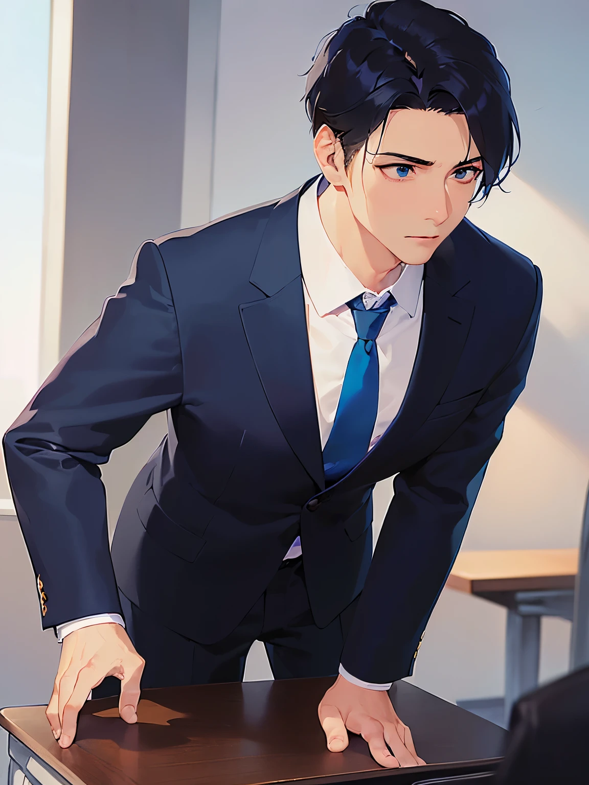 (1 Adult male),A high resolution, Sharp focus, Pixiv masterpiece, ((Complicated details)), highly detailed, natsuki_subaru, 1 man, The expression is serious,full bodyesbian, blue colored eyes(eyes glowing), blue short hair,white shirt,Wear a tie,Wear a belt,perspire,look from down,(1 Adult male),A high resolution, Sharp focus, Pixiv masterpiece, ((Complicated details)), highly detailed, natsuki_subaru, 1 man,perfect male figure,Urine on the trouser leg, Nervously bow your head,is shy,embarressed,exhilarated,is shocked,panicking,worry,A pool of urine formed around him,Very eager to pee,Unbearable,Wet yourself,Urine discharge,full bodyesbian,sit astride,Tired,decadent, blue color eyes(eyes glowing), Short yellow hair,white shirt,Wear a tie,Wear a belt,trousers,perspire,Drenched,Get wet,pissing,urine flows down the pants,look from down