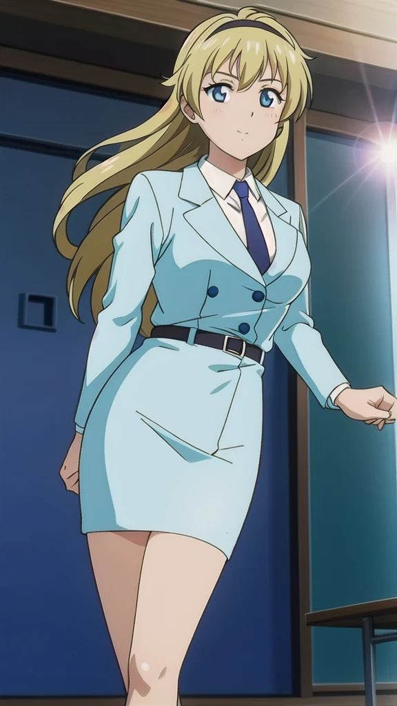 Blonde、Long Hair、bangs、 headband、悲しいface、 blue eyes、 Full Body Style 、Normal milk、 narrow waist 、Bare legs、In a suit、blue jacket 1 :1, collared shirt 、 white shirt、 blue tie,belt, Blue Mini Pencil Skirt 1:1, black tights、White pumps、 Official Art, Extremely High Definition CG Unity 8K Wallpaper, perfect lighting, colorful , bright _ Front_face_光ing,  shiny skin, ( masterpiece:1.0),(Highest_quality:1.0), 超 high definition ,4K, super detailed, photo shoot, 8k,  high definition ,  high definition ,  looking for something in an absurd :1.2,  Kodak Portra 400,  Film Grain,  blurry background, Bokeh:1.2,  Lens Flare, ( vibrant _ color:1.2),Professional photography,Anime Images