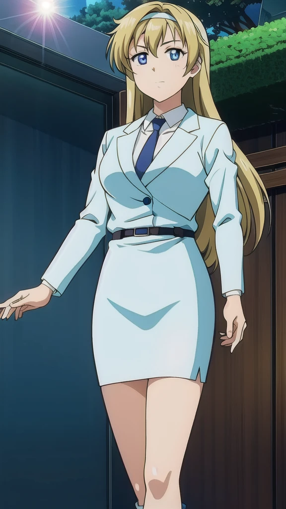 Blonde、Long Hair、bangs、 headband、悲しいface、 blue eyes、 Full Body Style 、Normal milk、 narrow waist 、Bare legs、In a suit、blue jacket 1 :1, collared shirt 、 white shirt、 blue tie,belt, Blue Mini Pencil Skirt 1:1, black tights、White pumps、 Official Art, Extremely High Definition CG Unity 8K Wallpaper, perfect lighting, colorful , bright _ Front_face_光ing,  shiny skin, ( masterpiece:1.0),(Highest_quality:1.0), 超 high definition ,4K, super detailed, photo shoot, 8k,  high definition ,  high definition ,  looking for something in an absurd :1.2,  Kodak Portra 400,  Film Grain,  blurry background, Bokeh:1.2,  Lens Flare, ( vibrant _ color:1.2),Professional photography,Anime Images