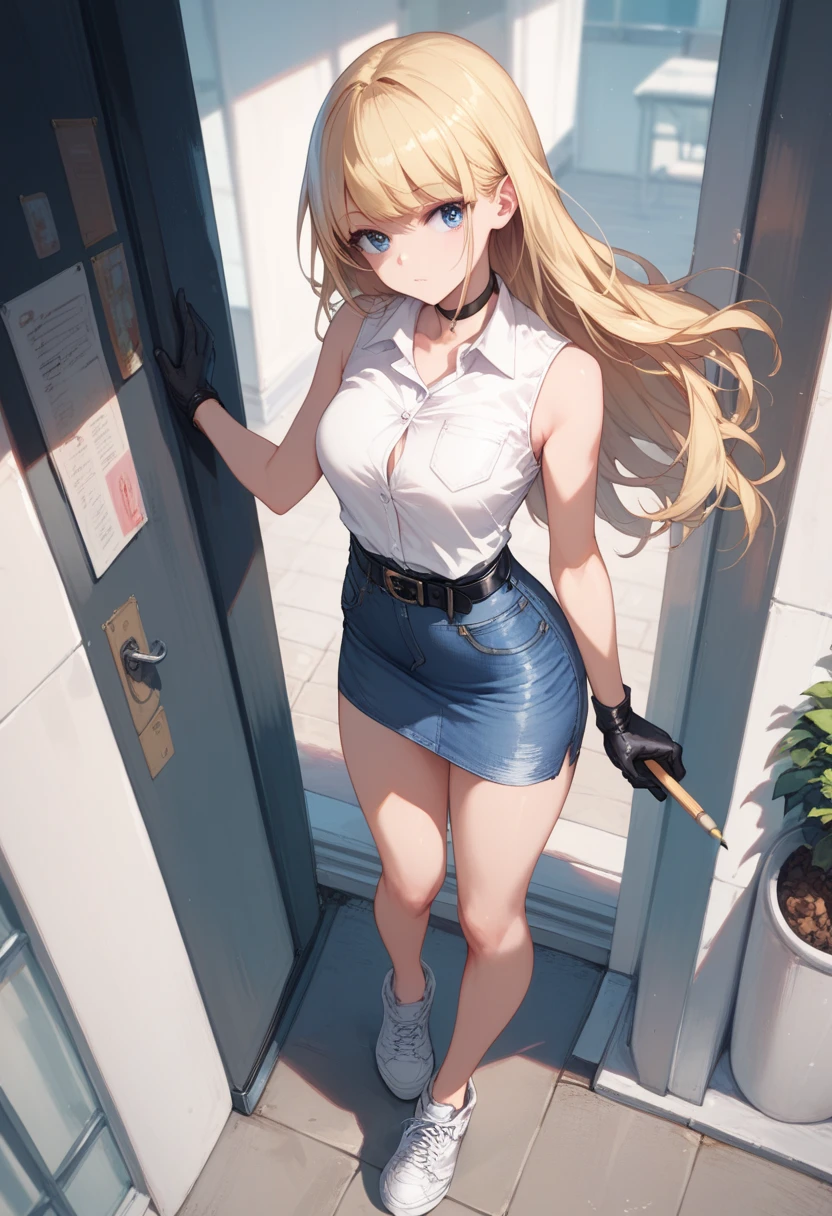girl,Young,、(masterpiece,Highest quality),Street,Completely naked,Bare shoulders、gal、blondes、ロングヘアー,smile、passionate、(underboob),(Big Breasts),Cleavage,(stomach),Black mini tube top、looking at the camera、barefoot、Very short denim shorts(The zipper is broken),Button open(Ultra Micro Mini Shorts),Strong winds、solo、Are standing、barefoot,In the subway、City、City of the near future、Inside the train、