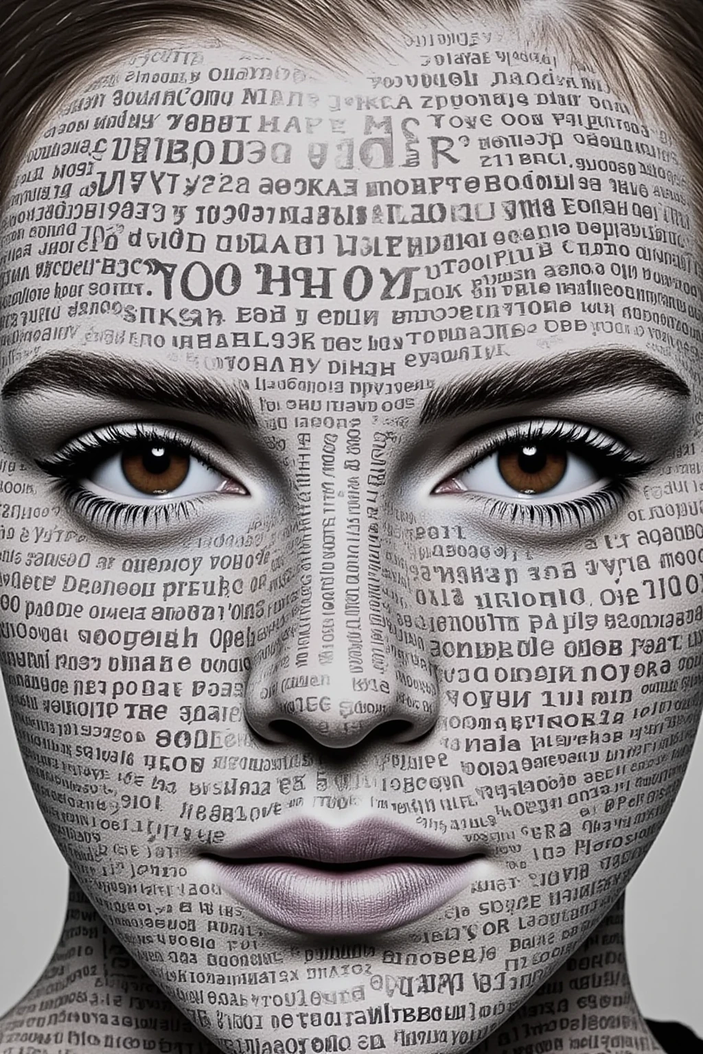 hyperrealistic painting of a Emma Watson's head made entirely of clearly legible alphabetic letters forming words and sentences. The words "Beautiful" "Model" "Perfect" "Slim" appear in bold type on her face.  The words and letters form her head. Her head appears like a newspaper. 