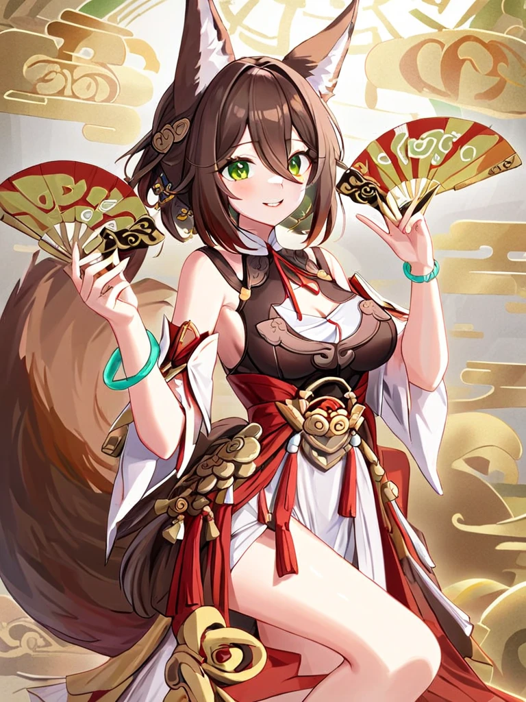 ultra-detailed,(best quality),((masterpiece)),(highres),original,extremely,tingyun,1girl,animal ears,green eyes,tail,solo,gigantic breasts,fox ears,brown hair,multicolored hair,looking at viewer,detached sleeves,holding,smile,jewelry,hair between eyes,animal ear fluff,bare shoulders,short hair,fox tail,bracelet,dress,