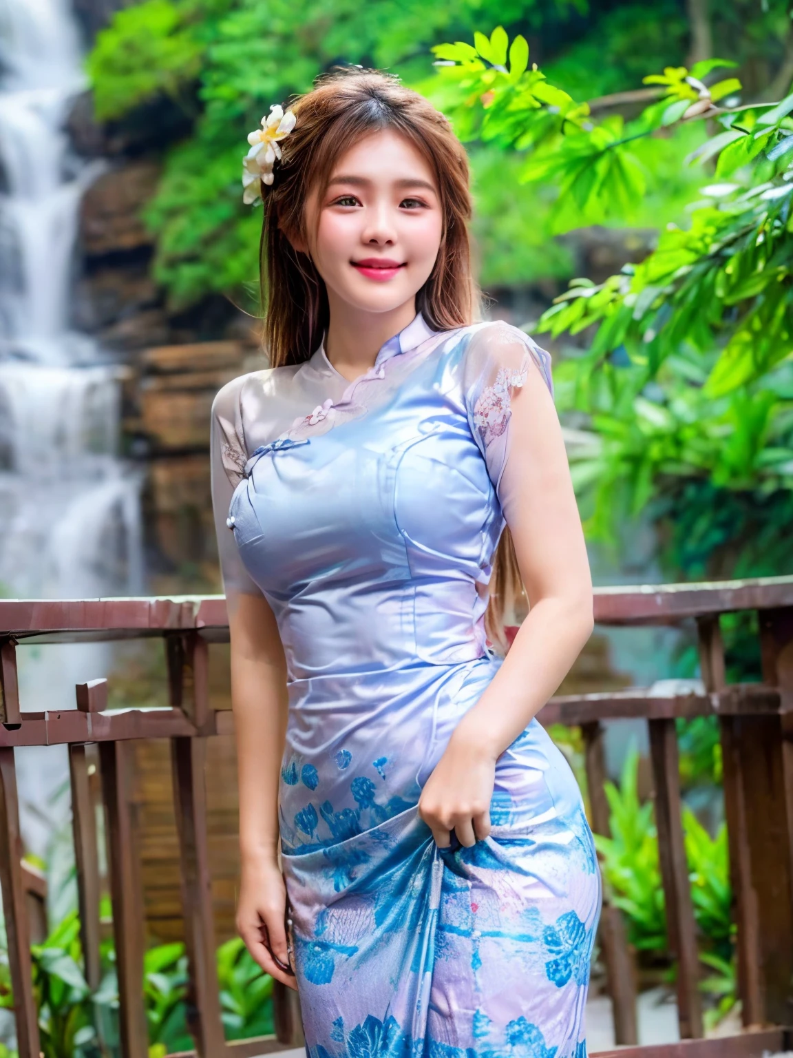 A young woman wearing a pink lace dress with a blue floral design long skirt (Myanmar traditional dress)
smiling in front of waterfall in various model poses.((medium breasts)), hyper realistic, ultra detailed, 8K,16K resolution,