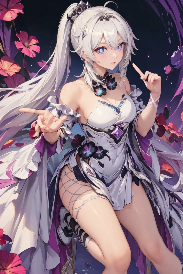 Holding a flower、The background is a garden、Multicolored rose flowers、Blue rose、Crystal clear light blue hair、Her hair is gradated and white from the hairline to the middle.、Hair length is up to the knees、A shiny, light blue sailor suit、The hair ornament is glittering gold.、Silver hair ornament、She has big breasts、Adult face、