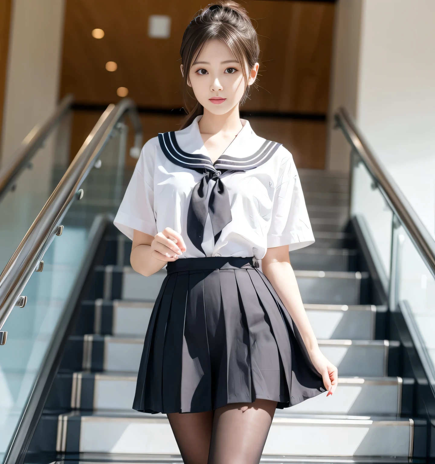 Black Pantyhose Nude 、Idol's face、 best quality、 best quality、 ultra high resolution、masterpiece、8k、Clear photo、 RAW photo、 escalator、smile、 full body Ezbian :1.2、 Girls in Delicate Sailor Uniforms and Pleated Skirts:1.8、 very cute Japanese 、 bob cut from the front、 Skirt Lifting Short Pleated Skirts :1.8、Taken from the bottom of the escalator、 Let's Show Off Her Thighs :1.8
