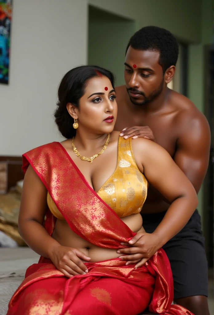 A radiant, full-figured South Indian  25 year old woman wearing a black flower printed cream colour transparent saree and hijab tenderly hugging  and kissing a jubilant  35-year-old man while in dressing room, captured in a full-body image with vibrant hues and meticulous details. Full body image