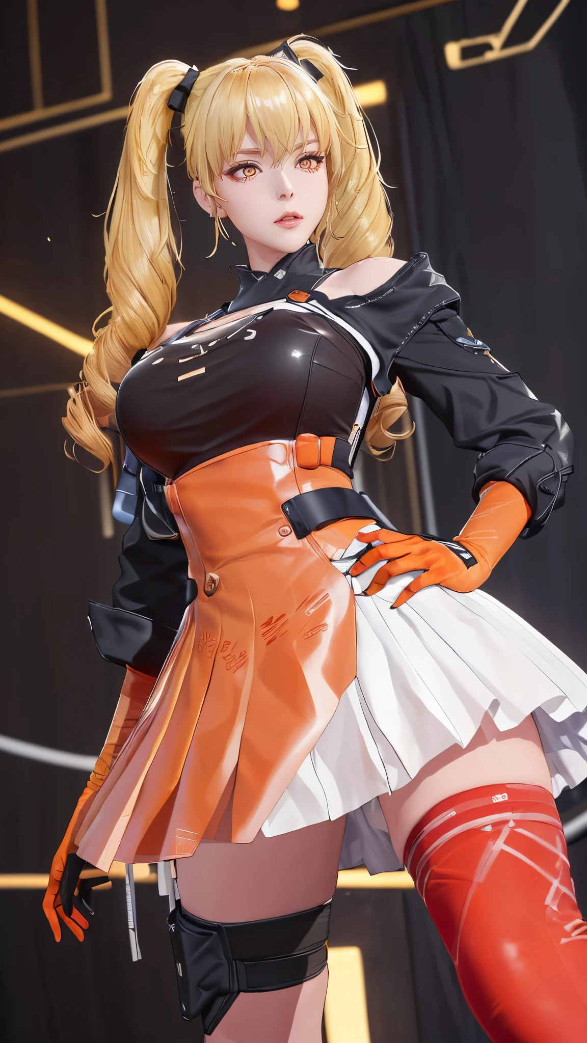 (（（figure，御姐figure,White and tender skin,（（（FenNib , long_sleeves_skirt, red_single_thighhigh, thigh_holster, elbow_gloves, strap, ）））,(（（twintails, Blonde_hair, orange_eyes,））),，((masterpiece)), highres icon,((Best quality at best)),masterpiece,quality,Best quality,(（（  and watch the audience， is open to the audience,Light in the eyes，dislike，disgust）））， huge ，holding a microphone ，Cyber background ）））