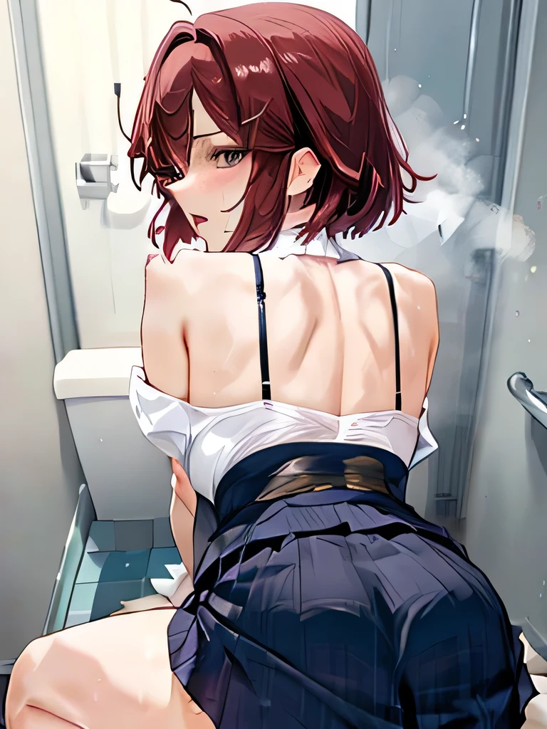 ( private toilet room)、throw, pretty girl、OL,Disheveled uniform、Expose one shoulder，bra straps、 short bob、( back shot)、(doggy style)、Skinny、Looking back at the viewer 、(blush、 orgasms、painful、Open your mouth a little、Mist around her mouth 、Heavy breathing、 Dynamic Range 