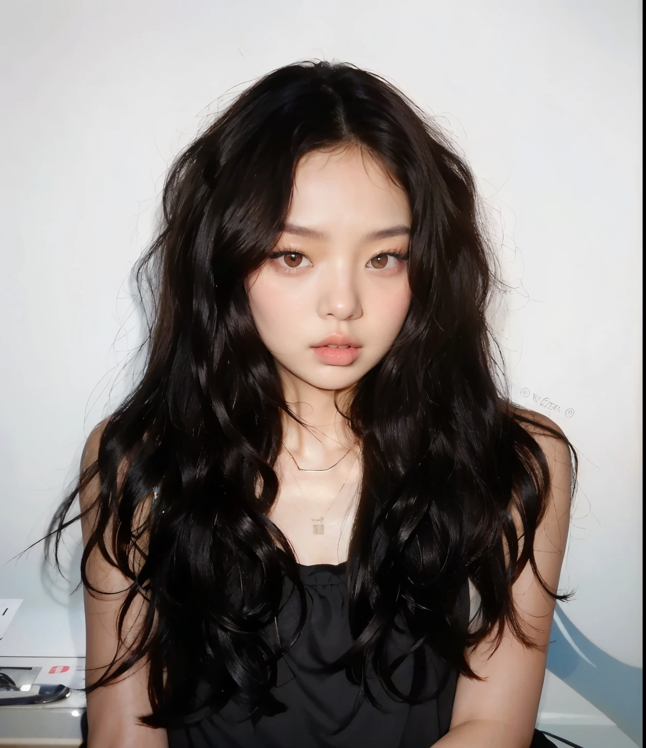 a close up of a woman with long black hair and a necklace, jennie blackpink, ulzzang, cruel korean goth girl,  woman with long hair, Retrato de Jossi de Blackpink, long wavy - black hair length, TaeJune Kim, with long curly hair, asian girl  woman with long hair, Jaeyeon Nam, long wavy black hair