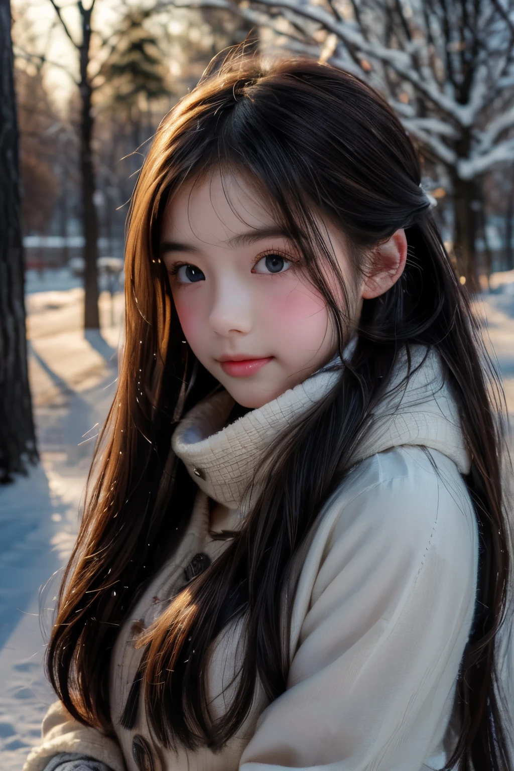 (best quality,4k,8k,highres,masterpiece:1.2),ultra-detailed,realistic,photorealistic:1.37,portrait,painting,illustration,snowing outside,beautiful long ponytailed girl,soft falling snowflakes,outdoor winter scene,cold weather,cozy winter vibes,serene expression,warm winter clothing,crisp air,hushed surroundings,subtle light and shadow,delicate facial features,sparkling eyes,rosy cheeks,snow-covered trees,peaceful atmosphere,subdued color palette,play of light on the girl's face,gentle breeze,calm and tranquil setting