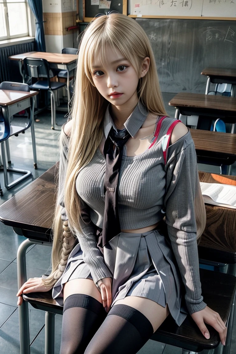  Japanese、Model、Big Breasts、Blonde、 long hair、 school uniform、tights、 shows shoulders、 cleavage visible、 belly button visible 、classroom、 sitting 