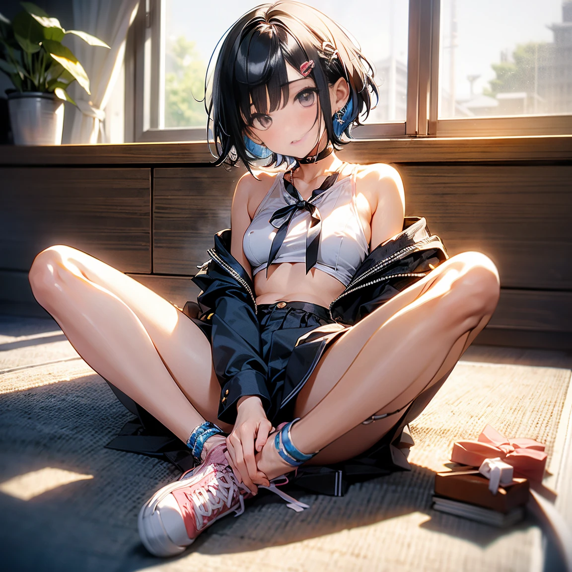 whole body、Adult female、 black hair、Short Hair、 Had、Black Eye、Small breasts、 spread your legs and 、Leg spread、M字Leg spread、 lower body naked、 baby doll、ribbon、Earrings、 College Student 、 sits on the floor