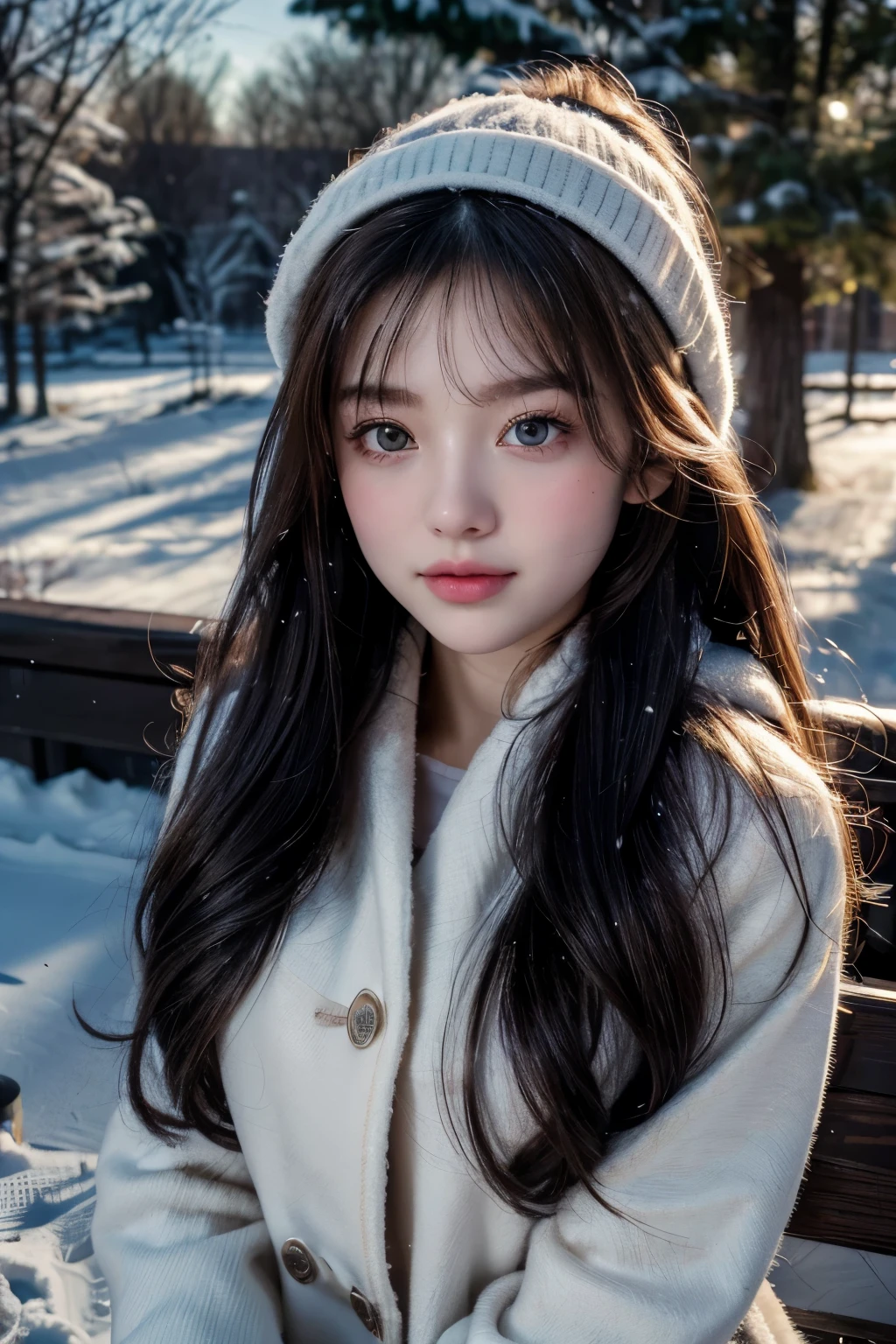 (best quality,4k,8k,highres,masterpiece:1.2),ultra-detailed,realistic,photorealistic:1.37,portrait,painting,illustration,snowing outside,beautiful long ponytailed girl,soft falling snowflakes,outdoor winter scene,cold weather,cozy winter vibes,serene expression,warm winter clothing,crisp air,hushed surroundings,subtle light and shadow,delicate facial features,sparkling eyes,rosy cheeks,snow-covered trees,peaceful atmosphere,subdued color palette,play of light on the girl's face,gentle breeze,calm and tranquil setting