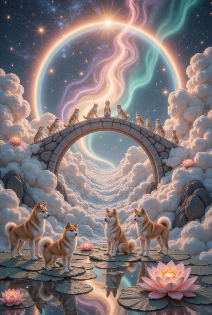 Rainbow Bridge：1.6， 32K RAW photo ，Best quality,  extremely detailed and intricate .  dynamic angle,aurora， constellation，Crescent Moon，earth \(Planet\)，full moon，galaxy，light particles，milky way，night，night sky，Planet，shooting star，sky，space，starry background，starry sky， wonderland，cloud， Dunhuang art style illustration ,九色柴犬被祥cloud环绕，magnificent ,（ Shiba Inus shining with stars ：1.36） Standing in a lotus pond  , extremely fine brushstrokes , Soft and smooth , Chinese red and indigo ,  gold background 