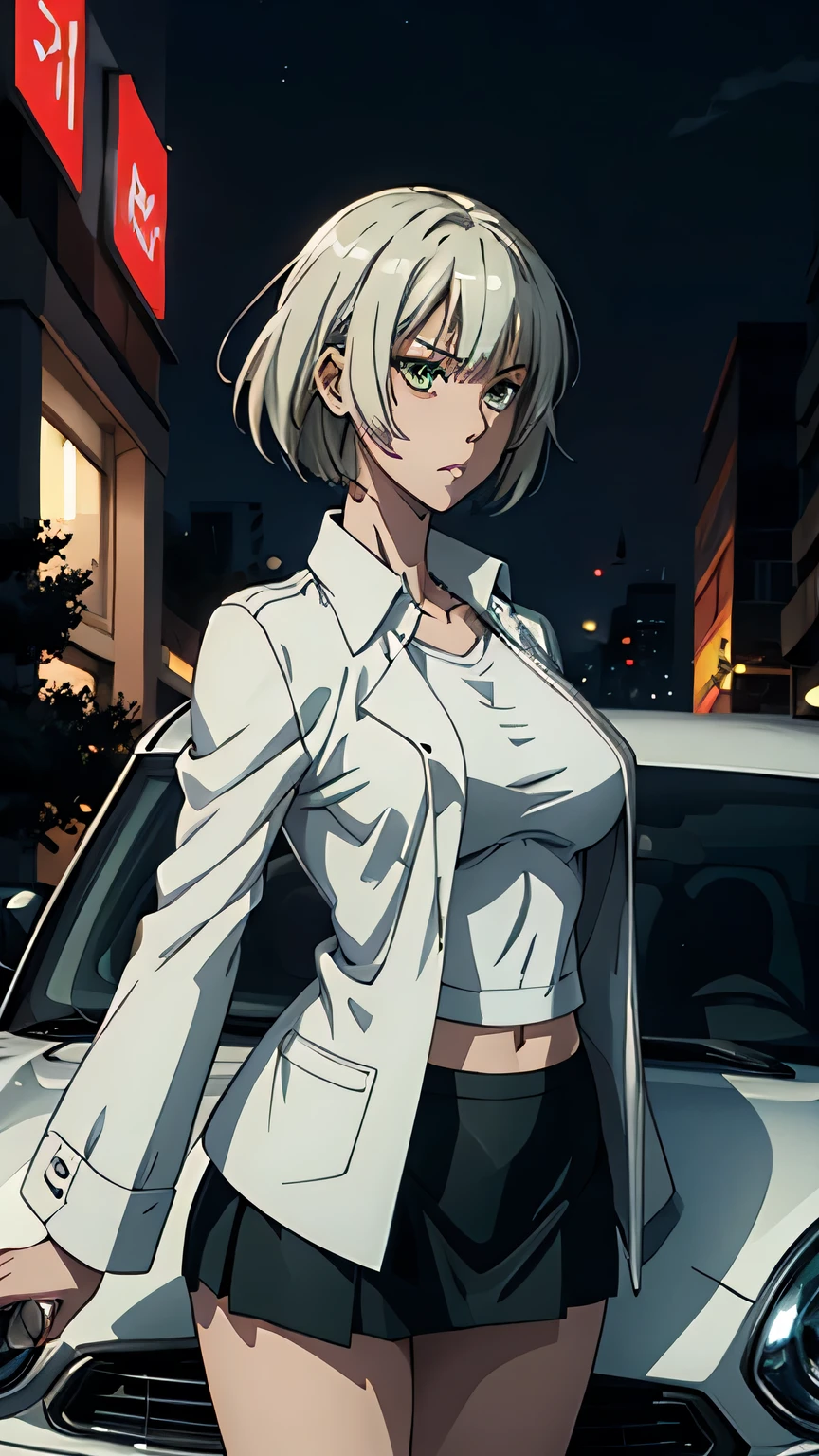 anime、High image quality、 high definition 、 one woman、 slender figure、 with a wide open chest 、Standing next to a sports car、White short jacket、Black underwear、 Green Mini Skirt 、A relieved look、Night view of the city 、 with her hair fluttering like