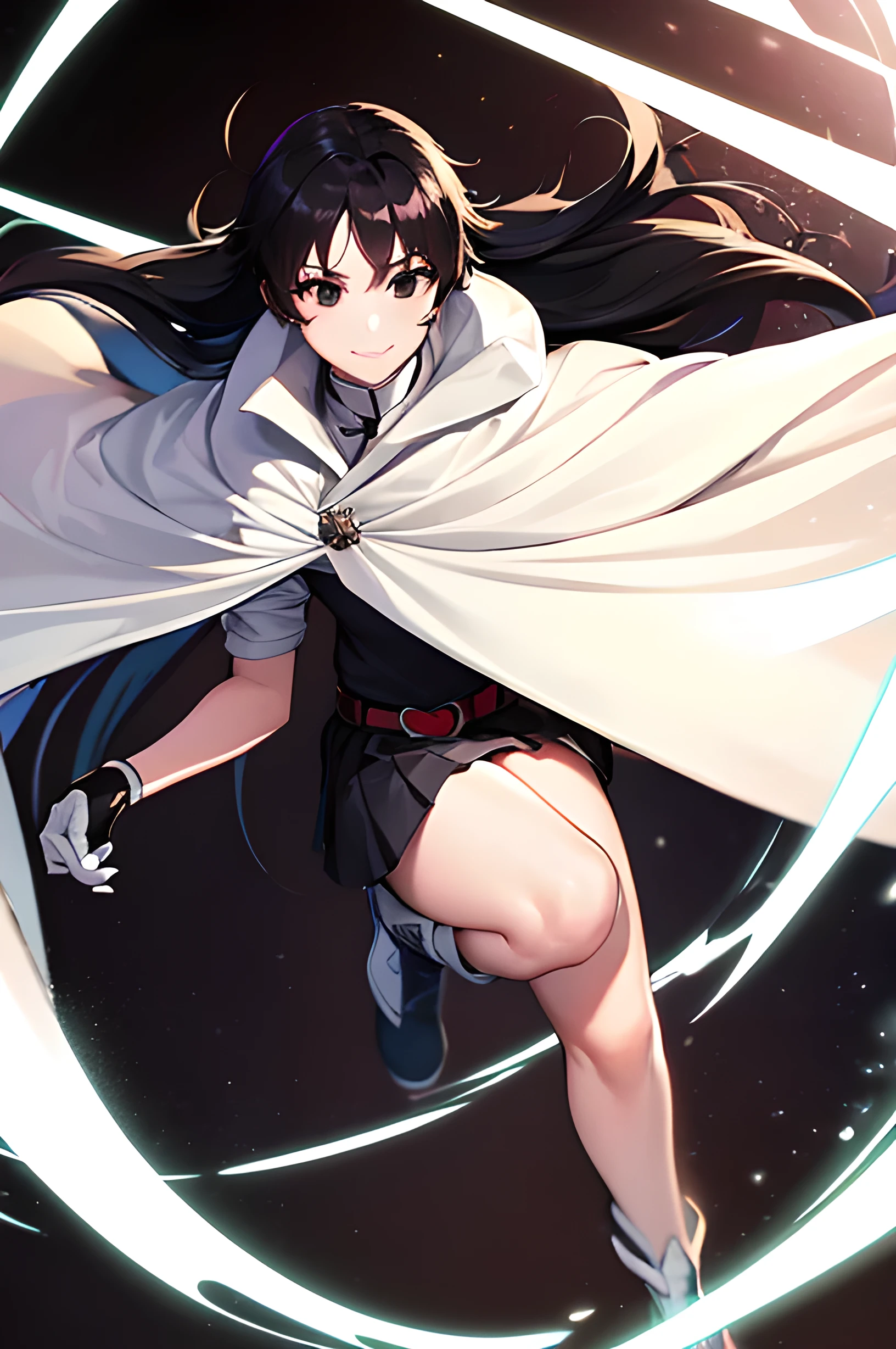 Basterbine, long hair, black hair, (black eyes:1.5),skirt, gloves, boots, belt, cape, cloak, white cloak,A confident smile、High image quality、 high definition 、 high quality、Detailed drawing、Light-reflecting skin、