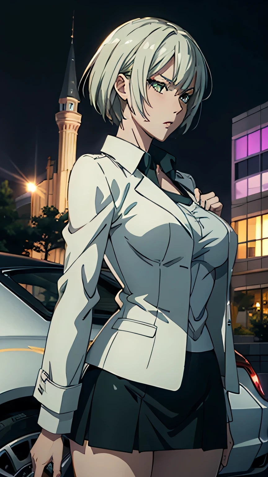 anime、High image quality、 high definition 、 one woman、 slender figure、 with a wide open chest 、Standing next to a sports car、White short jacket、Black underwear、 Green Mini Skirt 、A relieved look、Night view of the city 、 with her hair fluttering like