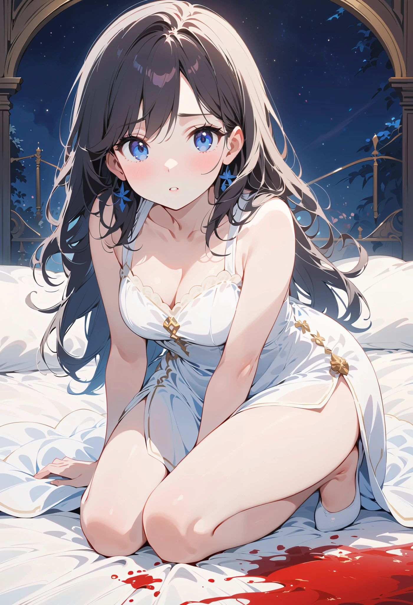 Thin legs， 1 girl at home，Full body portrait，Dark hair ， blue eyes ， in bed，night， white robe with high openings on both sides， show your legs ，Snow white skin， Dignified and holy ，Mature charm，Brows slightly furrowed，pathetic ，Large patches of blood on the ground are rendered，chain