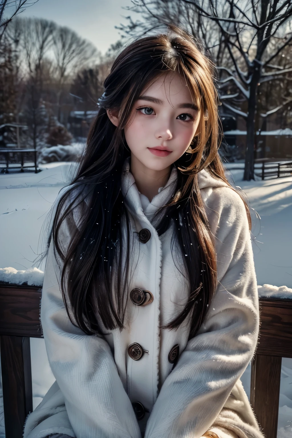 (best quality,4k,8k,highres,masterpiece:1.2),ultra-detailed,realistic,photorealistic:1.37,portrait,painting,illustration,snowing outside,beautiful long ponytailed girl,soft falling snowflakes,outdoor winter scene,cold weather,cozy winter vibes,serene expression,warm winter clothing,crisp air,hushed surroundings,subtle light and shadow,delicate facial features,sparkling eyes,rosy cheeks,snow-covered trees,peaceful atmosphere,subdued color palette,play of light on the girl's face,gentle breeze,calm and tranquil setting