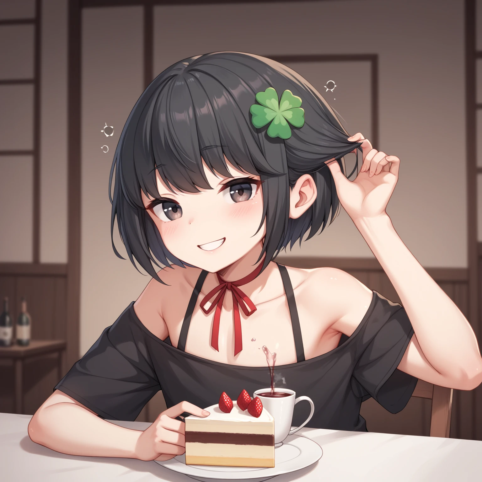  (8k), (  very detailed), (   best illustration   ), . flat chested。 Short Hair 。  big red ribbon barrette。Four leaf clover in hair 。adult。 black hair。Shima Rin, cake。Four leaf clover in hair。 Short Hair 。Black tea。 drinking wine 。Being drunk。smile。adult。