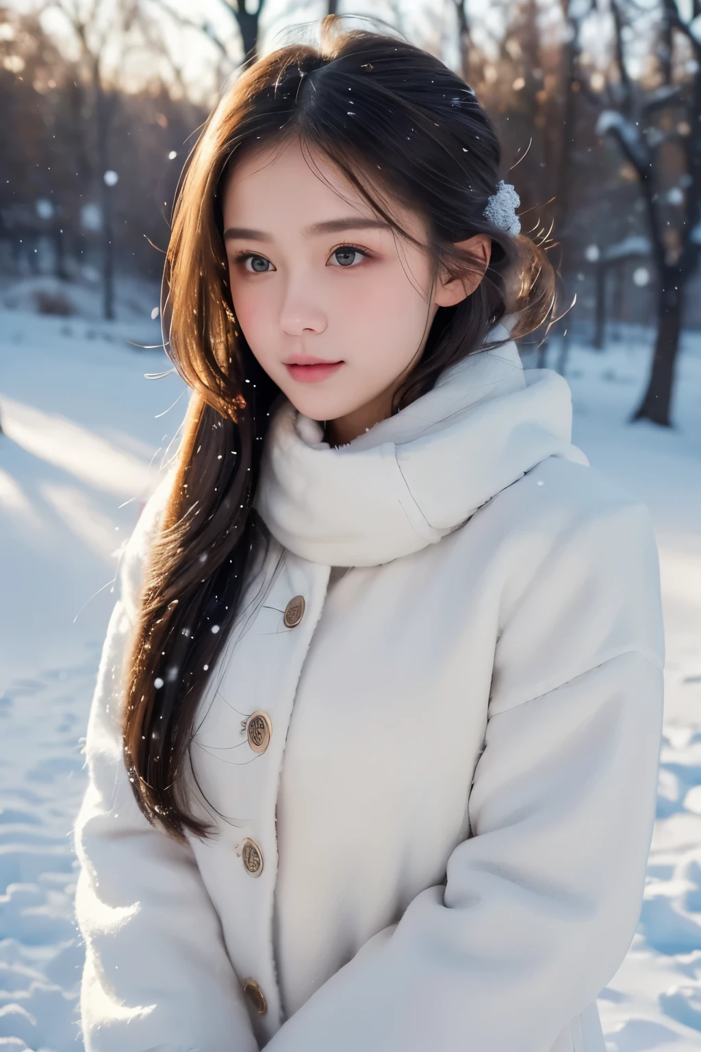 (best quality,4k,8k,highres,masterpiece:1.2),ultra-detailed,realistic,photorealistic:1.37,portrait,painting,illustration,snowing outside,beautiful long ponytailed girl,soft falling snowflakes,outdoor winter scene,cold weather,cozy winter vibes,serene expression,warm winter clothing,crisp air,hushed surroundings,subtle light and shadow,delicate facial features,sparkling eyes,rosy cheeks,snow-covered trees,peaceful atmosphere,subdued color palette,play of light on the girl's face,gentle breeze,calm and tranquil setting