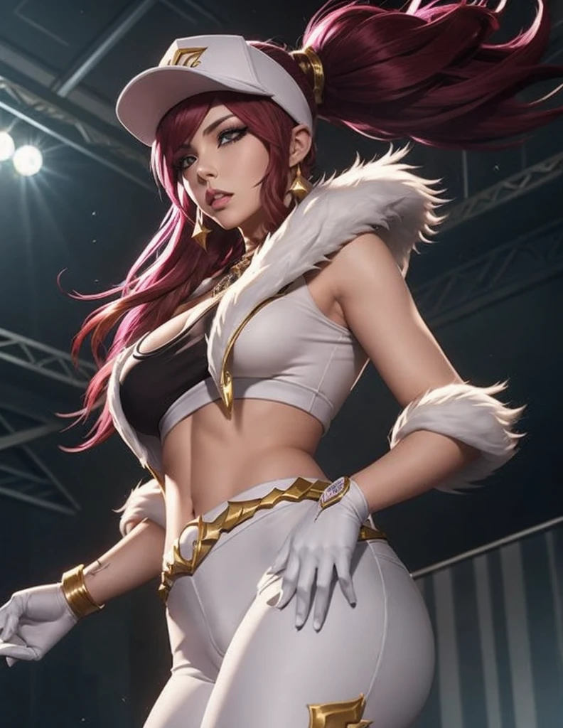 Akali kda prestige, 1girl, solo, long hair, breasts, looking at viewer, jewelry, medium breasts, red hair, necklace, hair over one eye, lips, makeup, white headwear, upper body, epic light, crop top, fur trim, jacket, concert hall, standing, white gloves, white pants, tight pants, k/da (league of legends), off shoulder,  parted lips, ponytail,