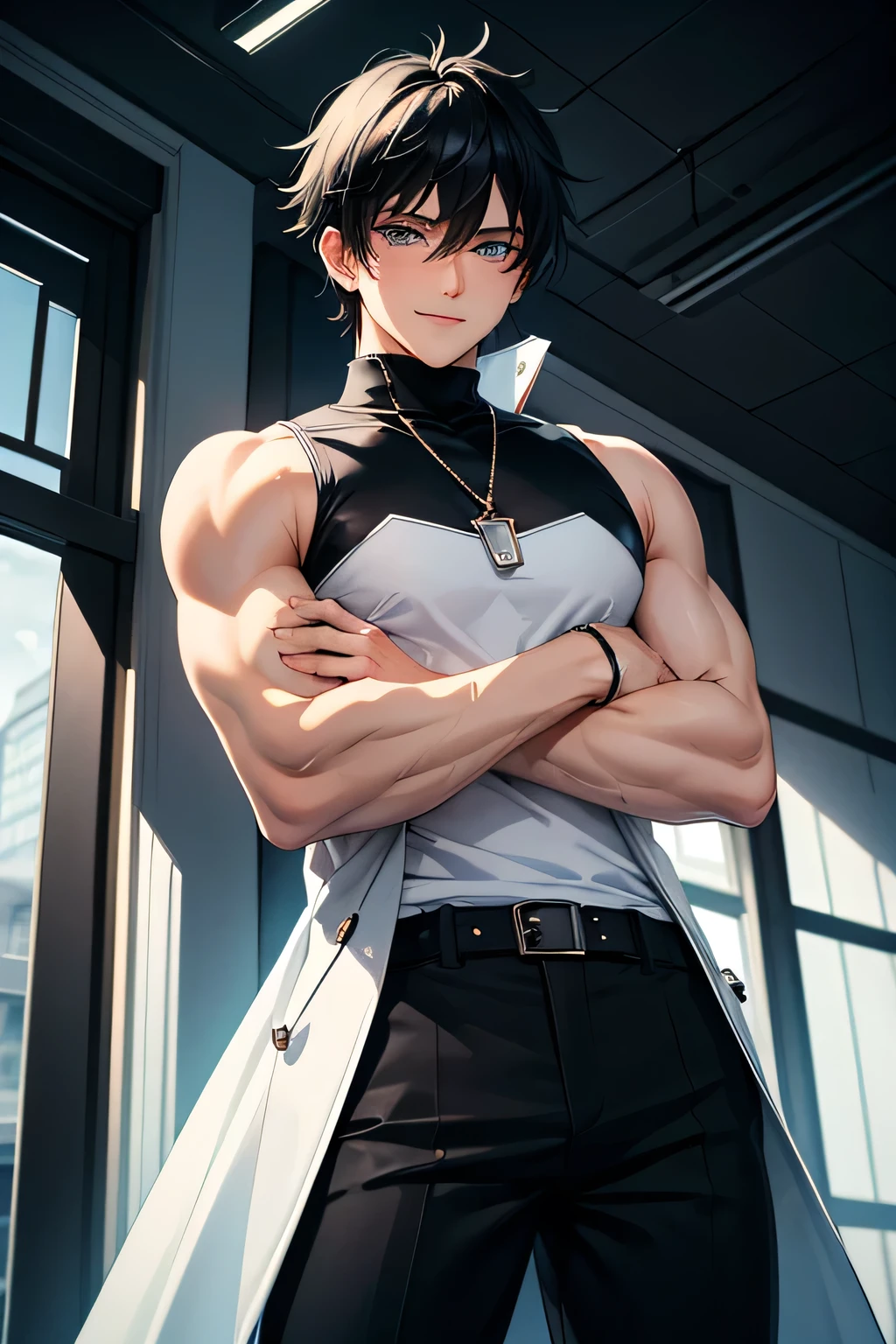 a man wearing Tank top and shorts , quaint B&B room <lora:fic-Gon:1>