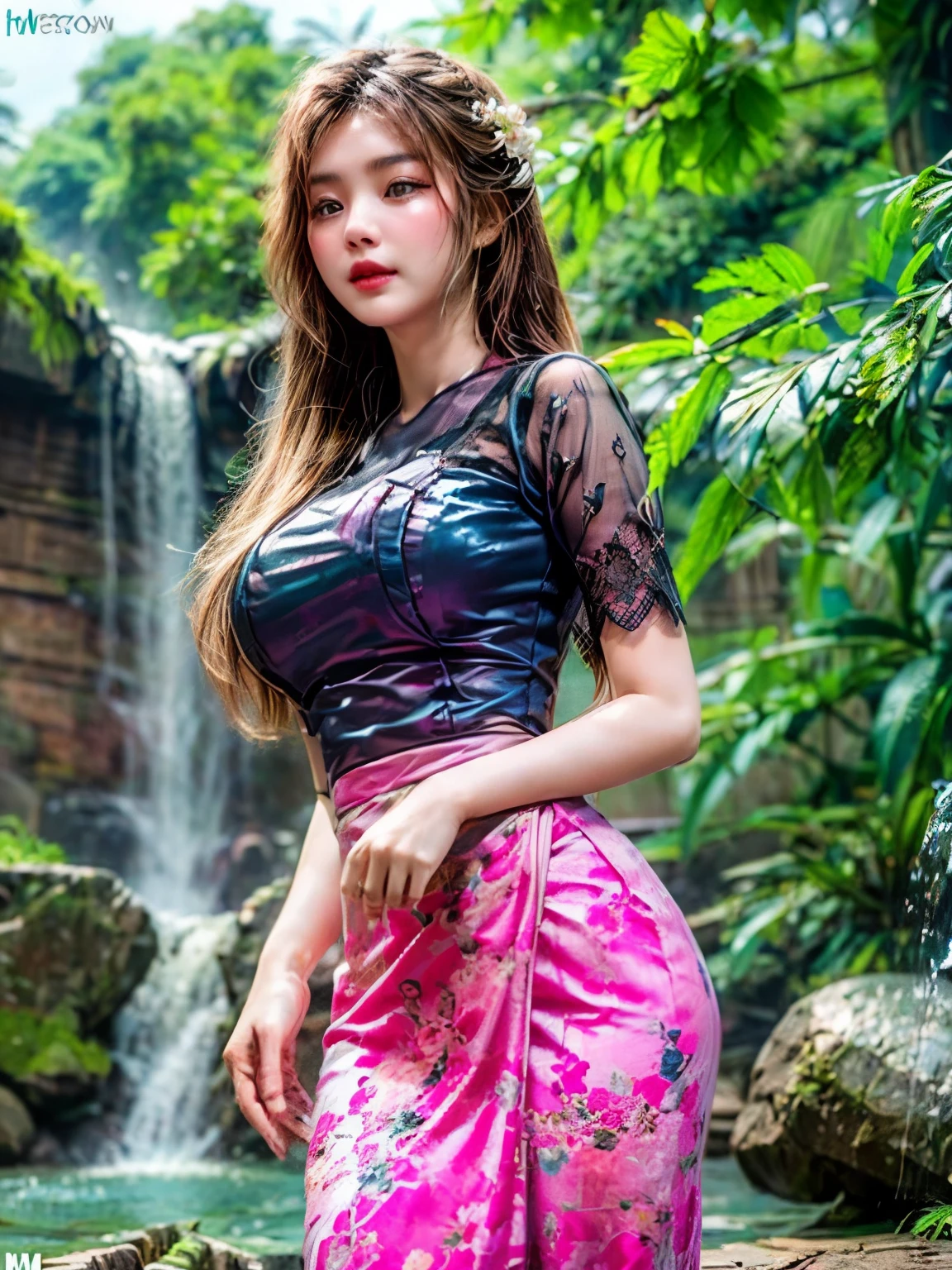 A young woman wearing a black lace shirt and a pink floral design long skirt (Myanmar traditional dress)
happily in front of waterfall in various model poses.((medium breasts)), hyper realistic, ultra detailed, 8K,16K resolution,