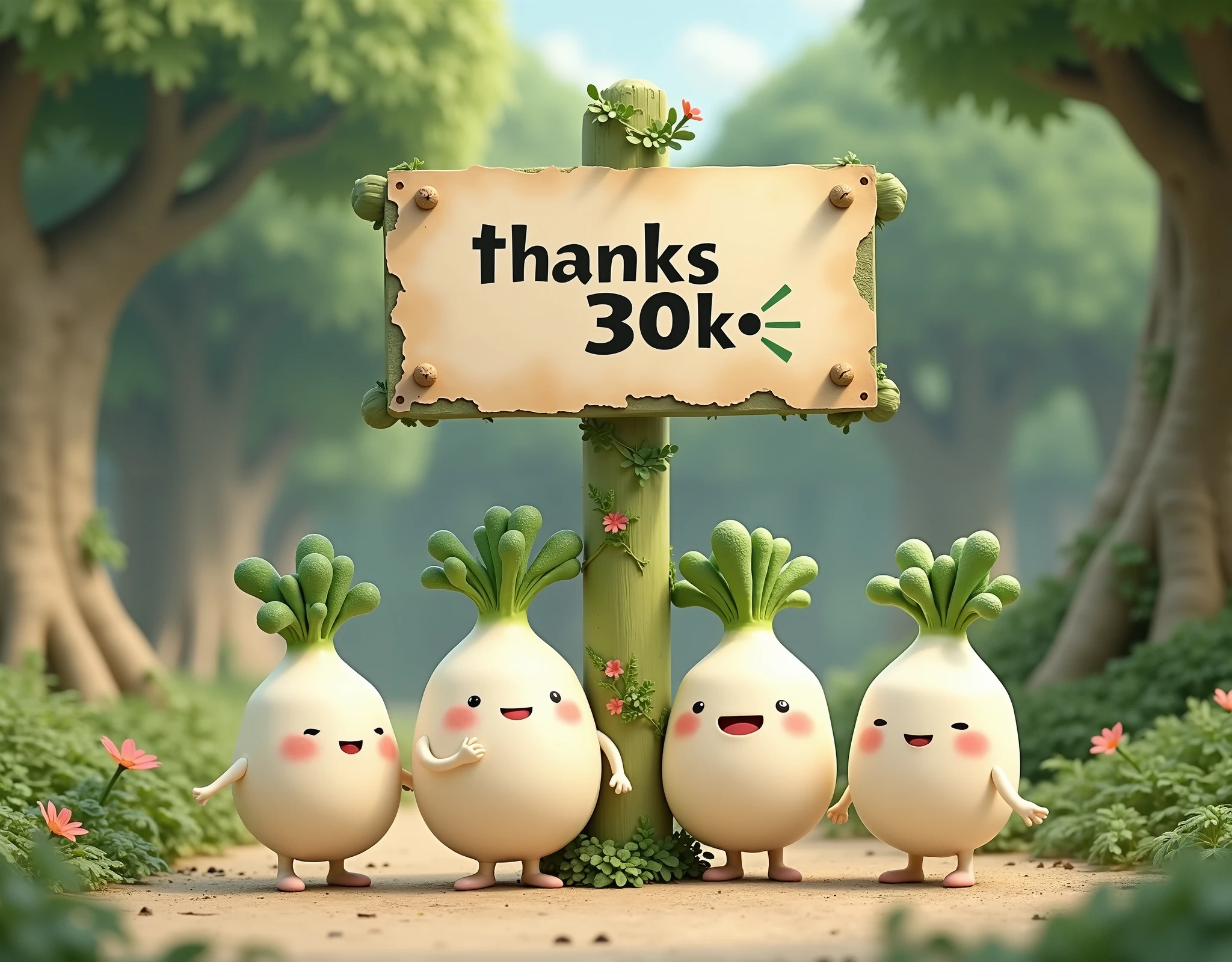  (((Daikon characters , Japanese white daikon , Put paper on a daikon tree sign and write letters"Thanks 30k"))), (((UHD, masterpiece, best quality,  highres icon, 8k)))