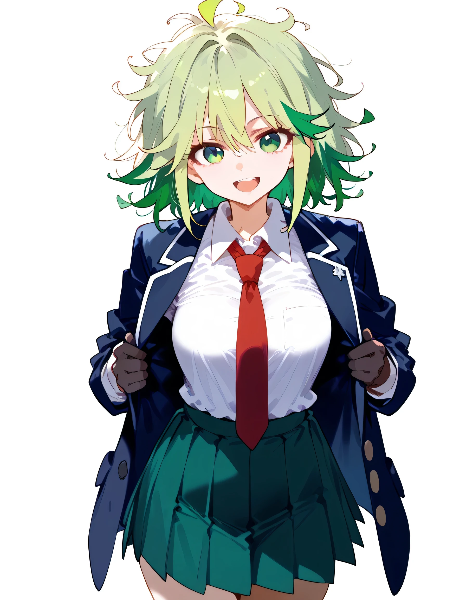 score_9,score_8_up,score_7_up ,hagakure tooru, 1girl, :d, collared shirt, gloves, green eyes, green hair, green skirt, looking at viewer, messy hair, multicolored hair, necktie, open mouth, pleated skirt, red necktie, school uniform, shirt, simple background, skirt, smile, solo, standing, two-tone hair, u.a. school uniform, unusually visible, white background, white shirt